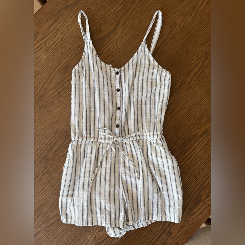 Old Navy Striped Linen-Blend Romper in White and Blue